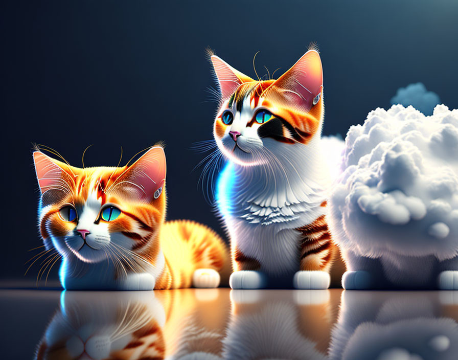 Stylized digital art: Orange and white cats with fluffy cloud on reflective surface