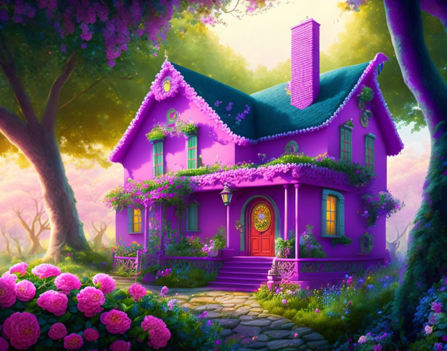 Purple House with Ivy in Enchanted Forest Setting