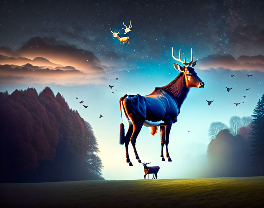 Surreal image of flying deers with glowing antlers in starry night sky