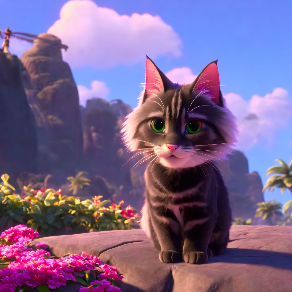 Fluffy animated cat with green eyes in tropical setting with pink flowers