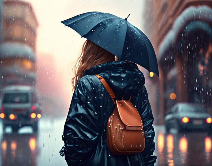 Woman in rain with brown bag and black umbrella in city lights