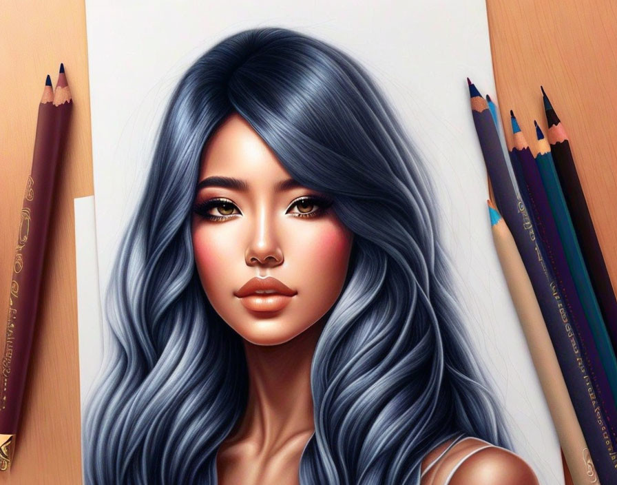 Woman with Long Wavy Blue Hair Surrounded by Colored Pencils