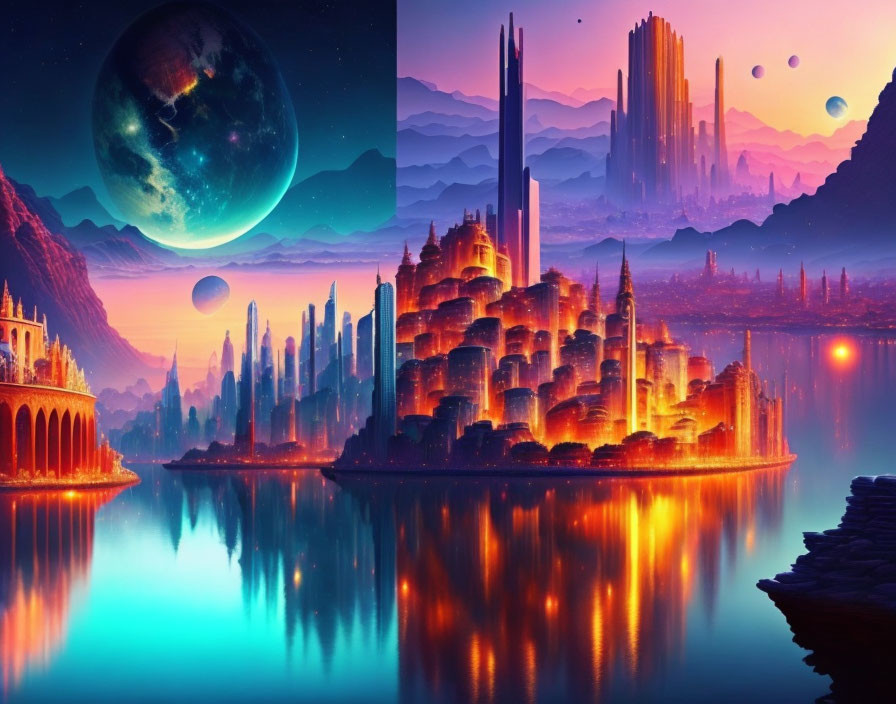 Futuristic cityscape with towering spires reflected in tranquil water