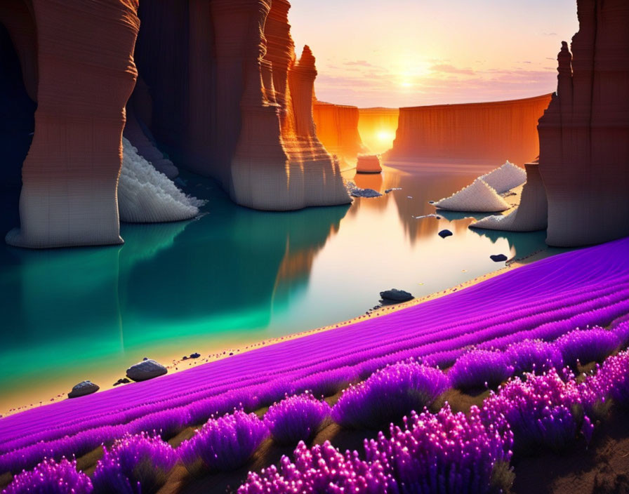 Tranquil sunset over azure lake with sandstone formations and purple sand dunes