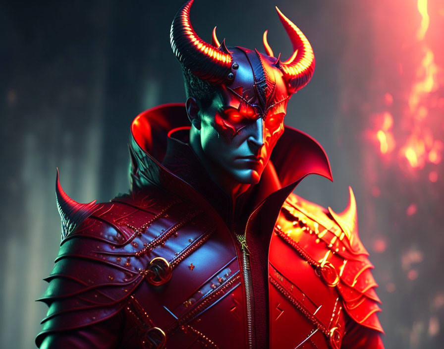 Digital artwork of character with red skin, horns, glowing eyes, and armor against fiery backdrop