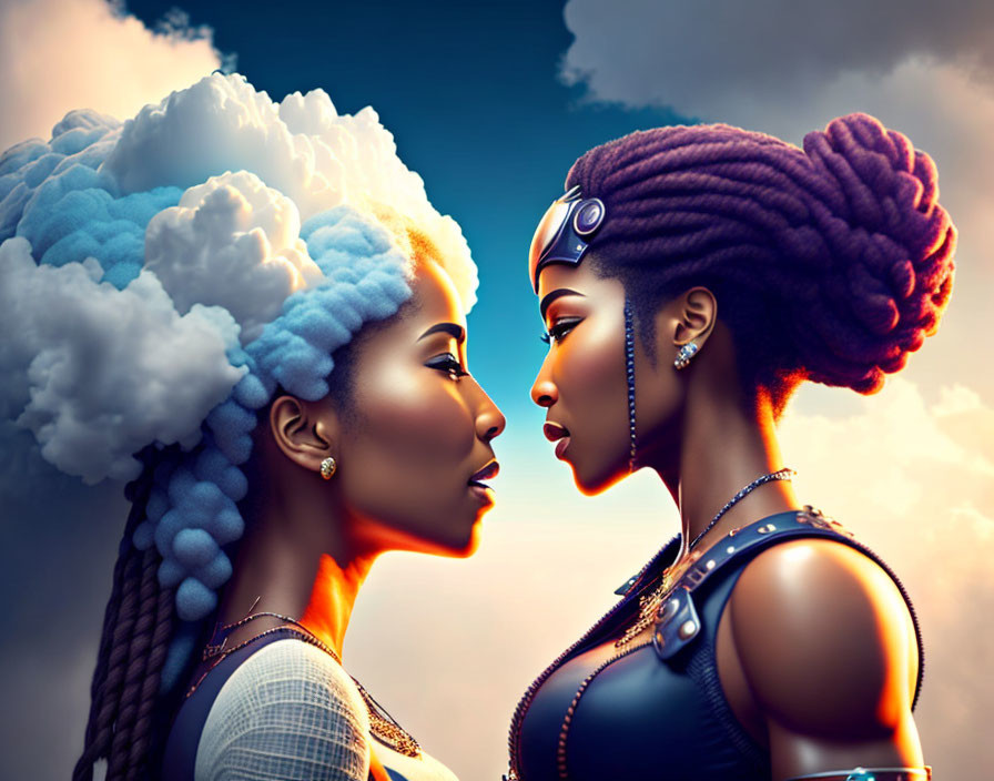 Stylized African women with cloud-like hairstyles in dynamic sky setting