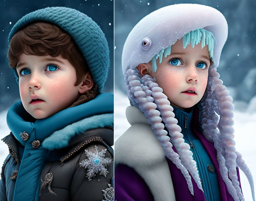 Children with Blue Eyes in Winter Clothing: Boy in Blue, Girl in Octopus Hood