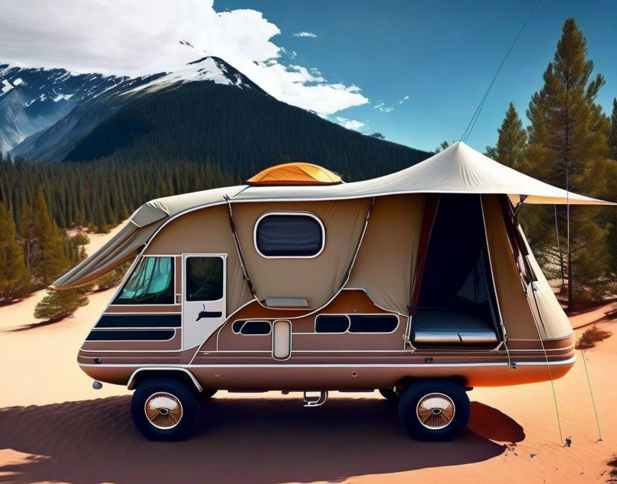 Vintage camper van with rooftop tent in forest near mountains