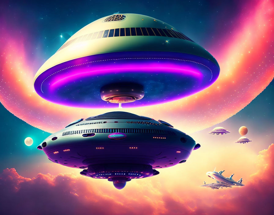 Colorful digital artwork: UFO fleet in twilight sky with planets, clouds, and airplane