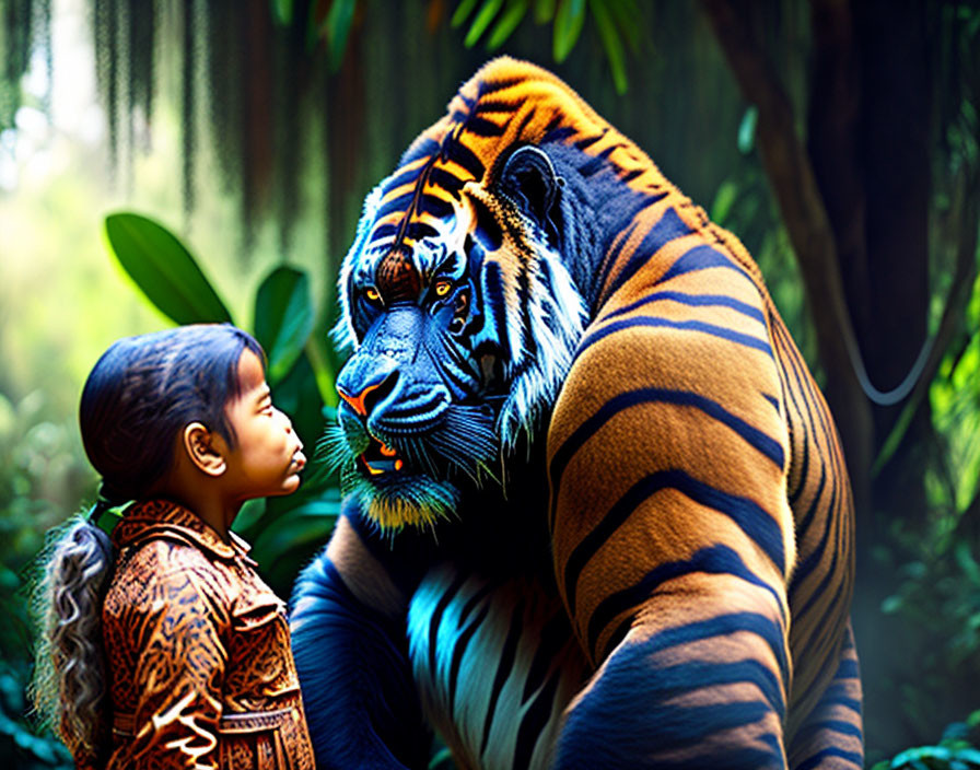 Young girl in patterned shirt meets vivid tiger in lush jungle.