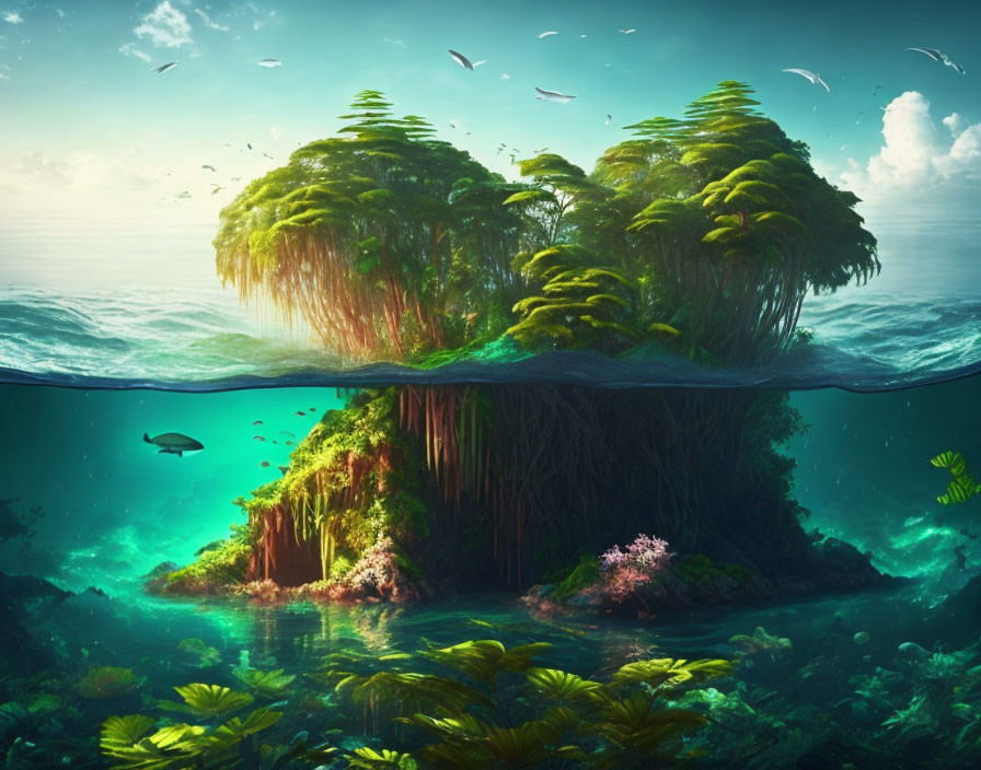 Lush Island and Underwater Ecosystem with Trees, Coral, Fish, and Birds