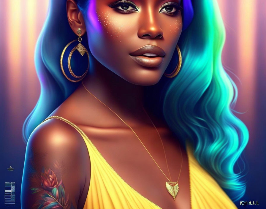 Digital artwork featuring woman with blue hair, yellow top, and flower tattoo.