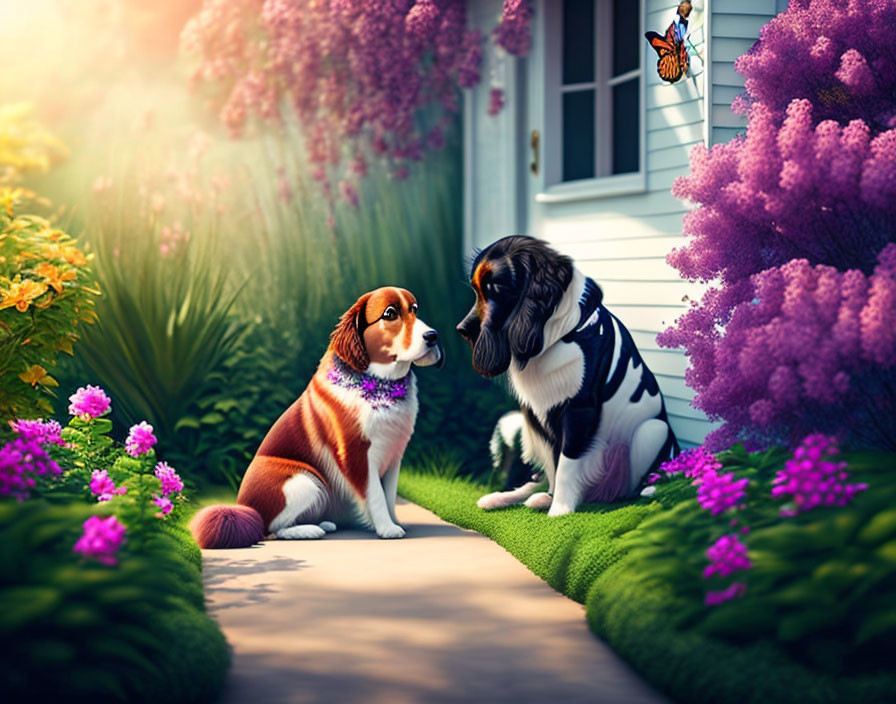 Two dogs in garden with vibrant flowers and butterfly