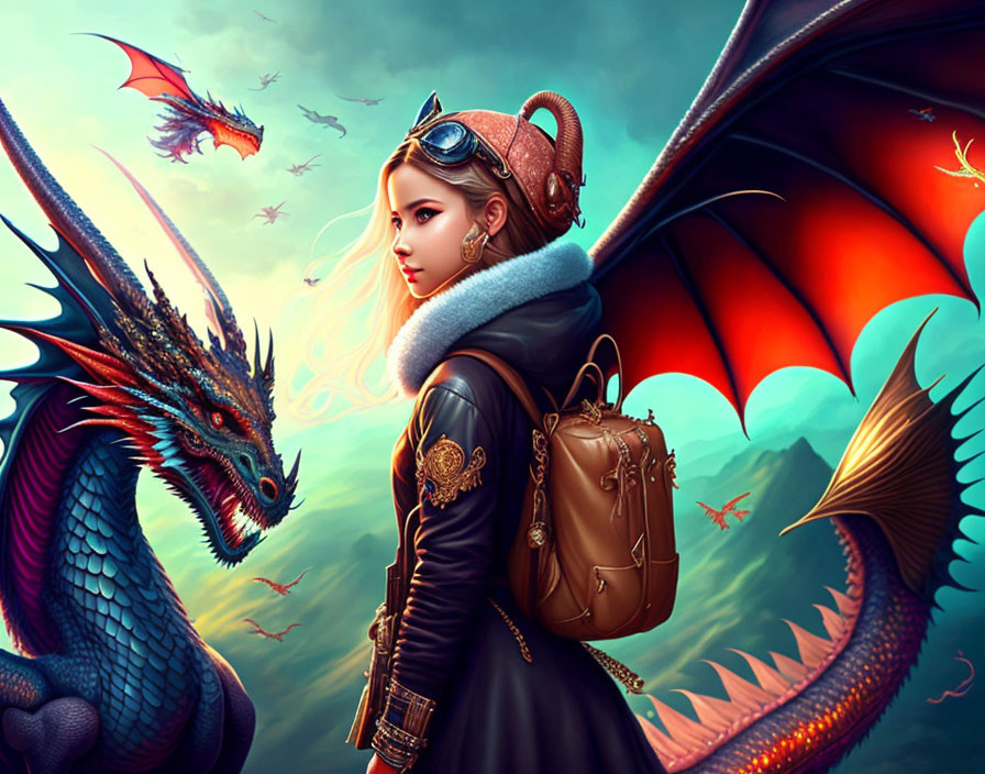 Steampunk-dressed woman with blue dragon under dragon-filled sky