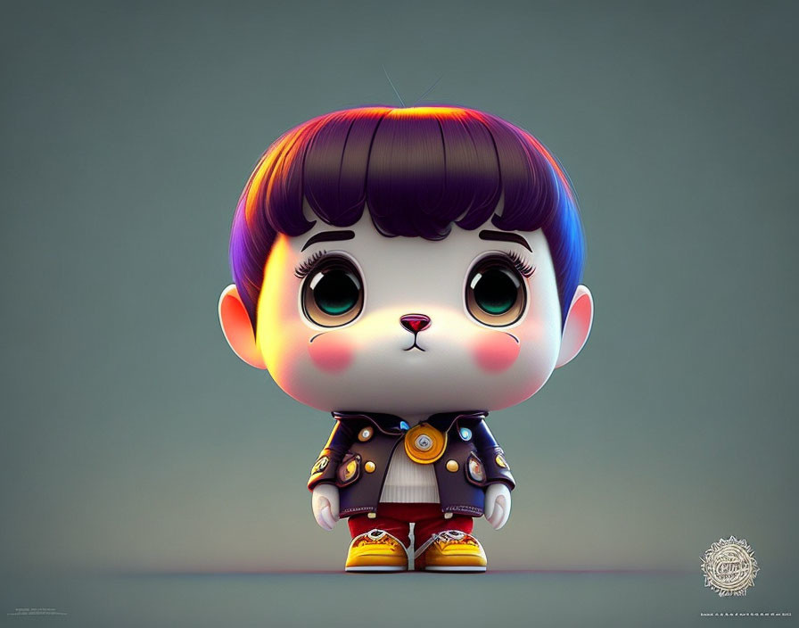 Colorful 3D Stylized Character with Large Eyes and Decorated Outfit