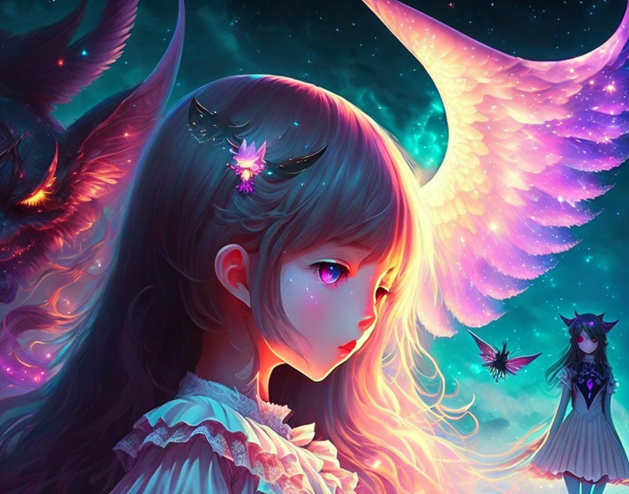 Anime-style digital art of girl with glowing pink wings in magical night scene