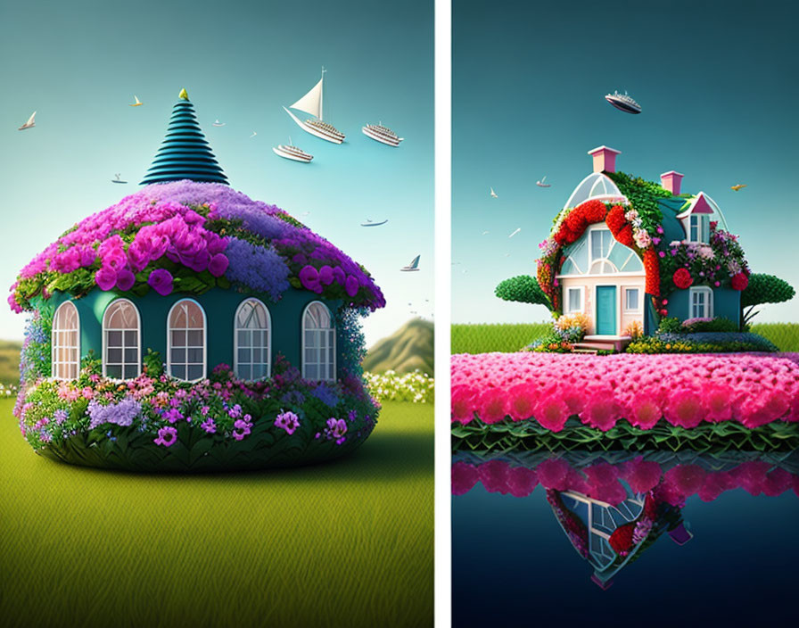 Whimsical houses with flower-covered roofs and floating paper boats on water surface