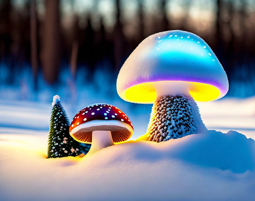 Vibrant illuminated mushrooms in snowy winter landscape