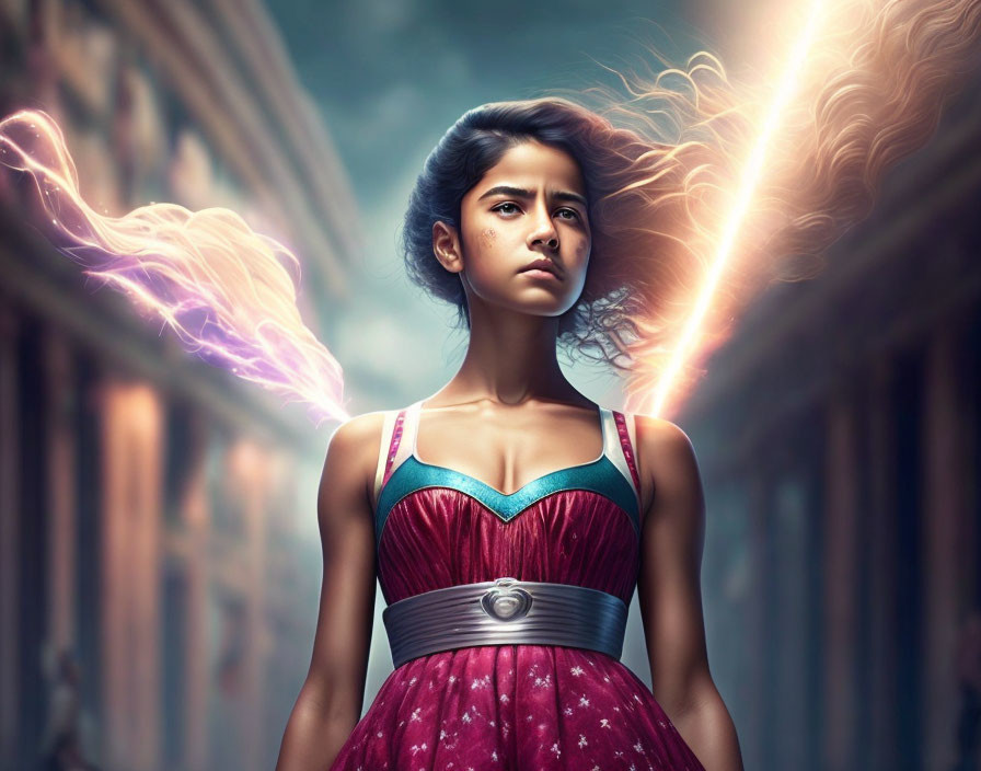 Young woman with intense gaze in front of classical building emitting energy beams into sky