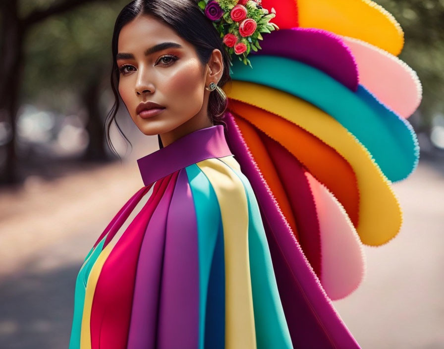 Colorful Woman in Rainbow Attire with Flower Hair Adornments posed in Nature