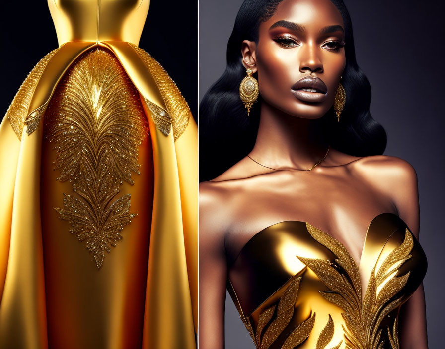 Detailed Golden Gown and Striking Woman with Gold Accessories Split Image