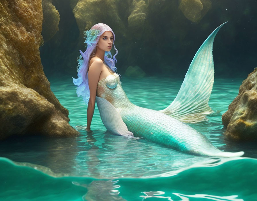 Mermaid with Purple Hair and Turquoise Tail in Aquatic Setting