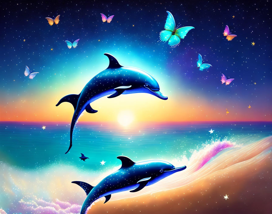 Dolphins leaping over ocean waves at sunset with butterflies and stars