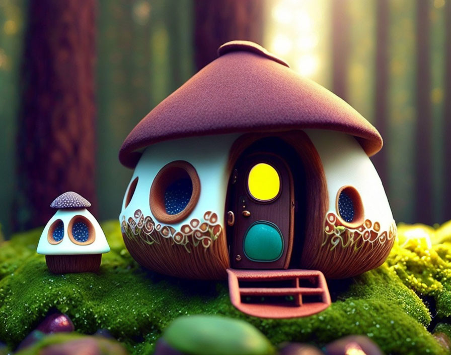 Illustration of mushroom house with brown roof and round windows in vibrant forest