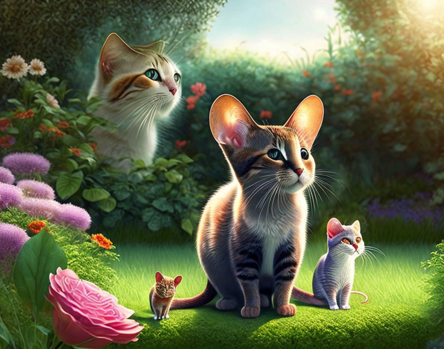 Whimsical cartoon cats in lush garden with expressive eyes