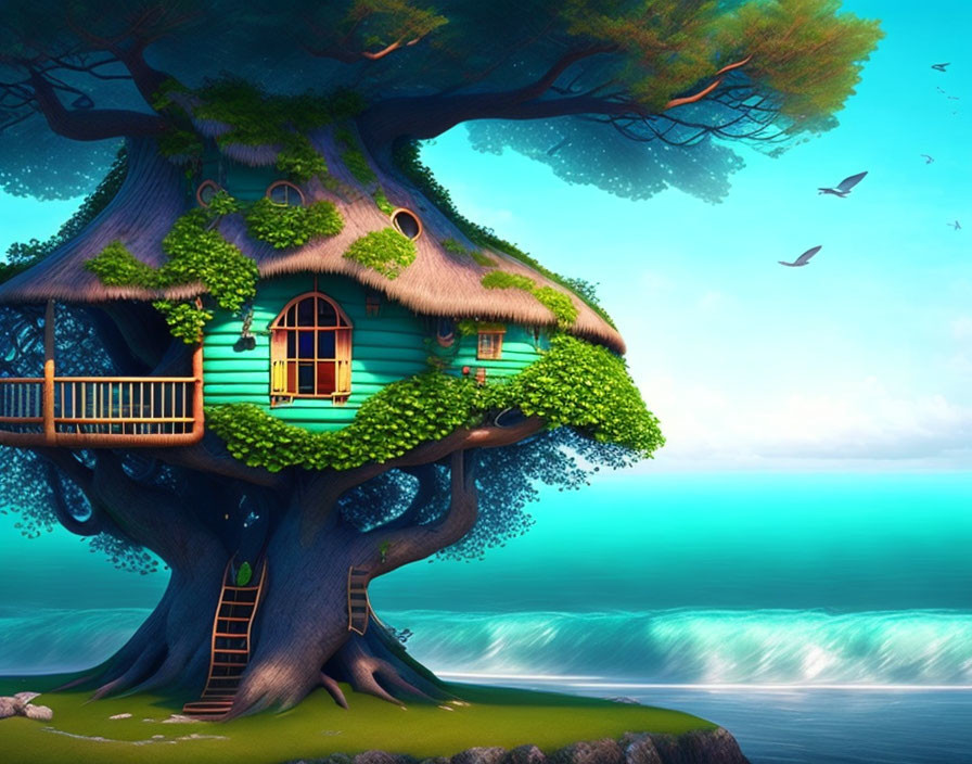 Illustration of whimsical treehouse by the sea with lush greenery and birds above waves