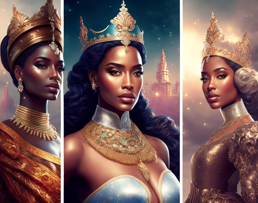 Digital illustrations: regal woman with crown in various poses against fantasy castle.