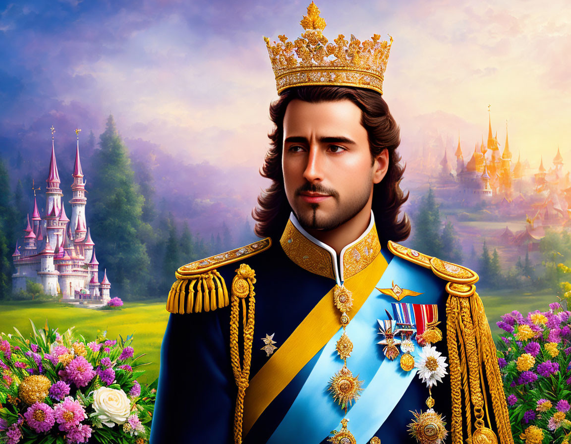 Regal man in royal blue uniform with crown, fantasy castle, and colorful flowers.