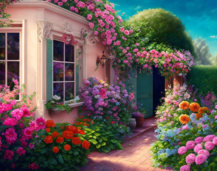 Pink-Walled Cottage with Green Door in Lush Garden