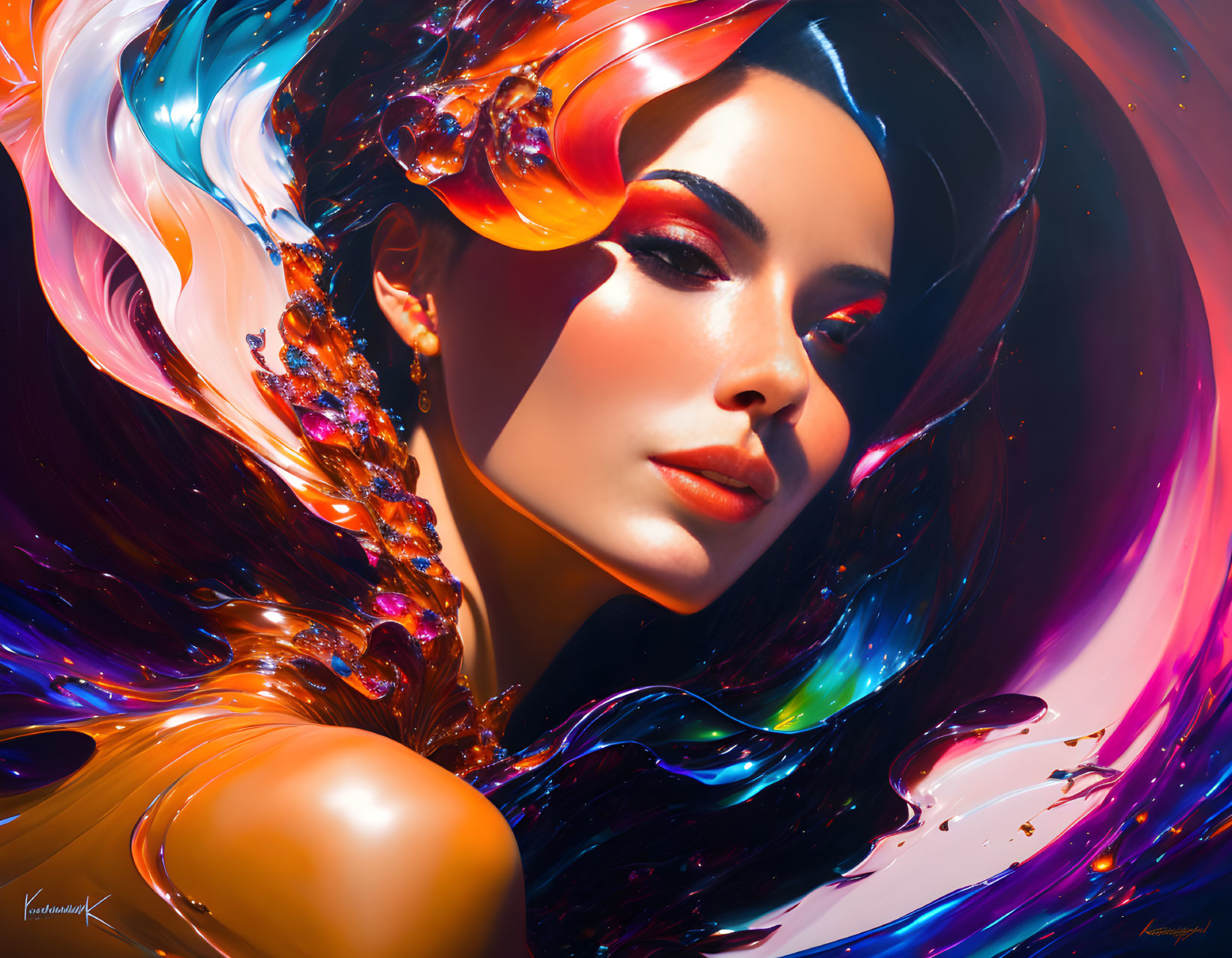 Vibrant surreal portrait of a woman with flowing iridescent hair