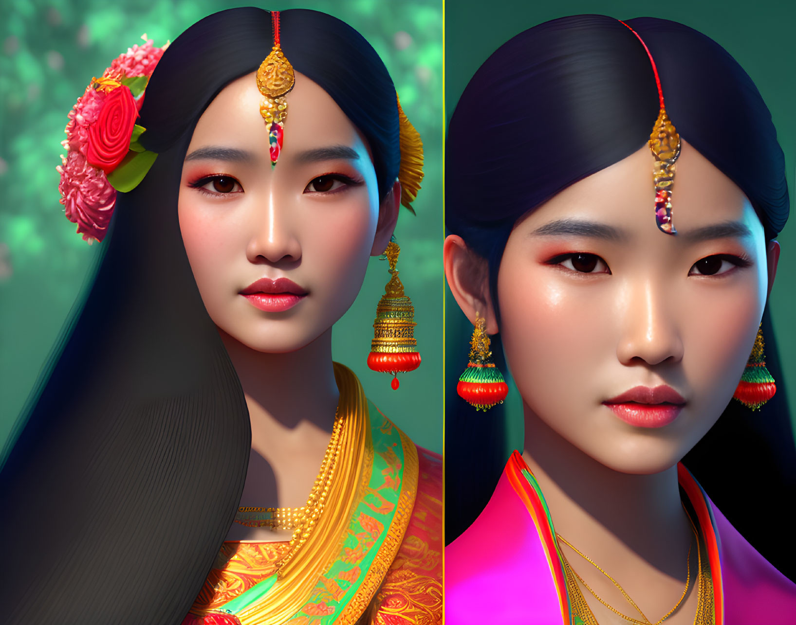 Stylized Asian women in traditional attire with flowers, green background