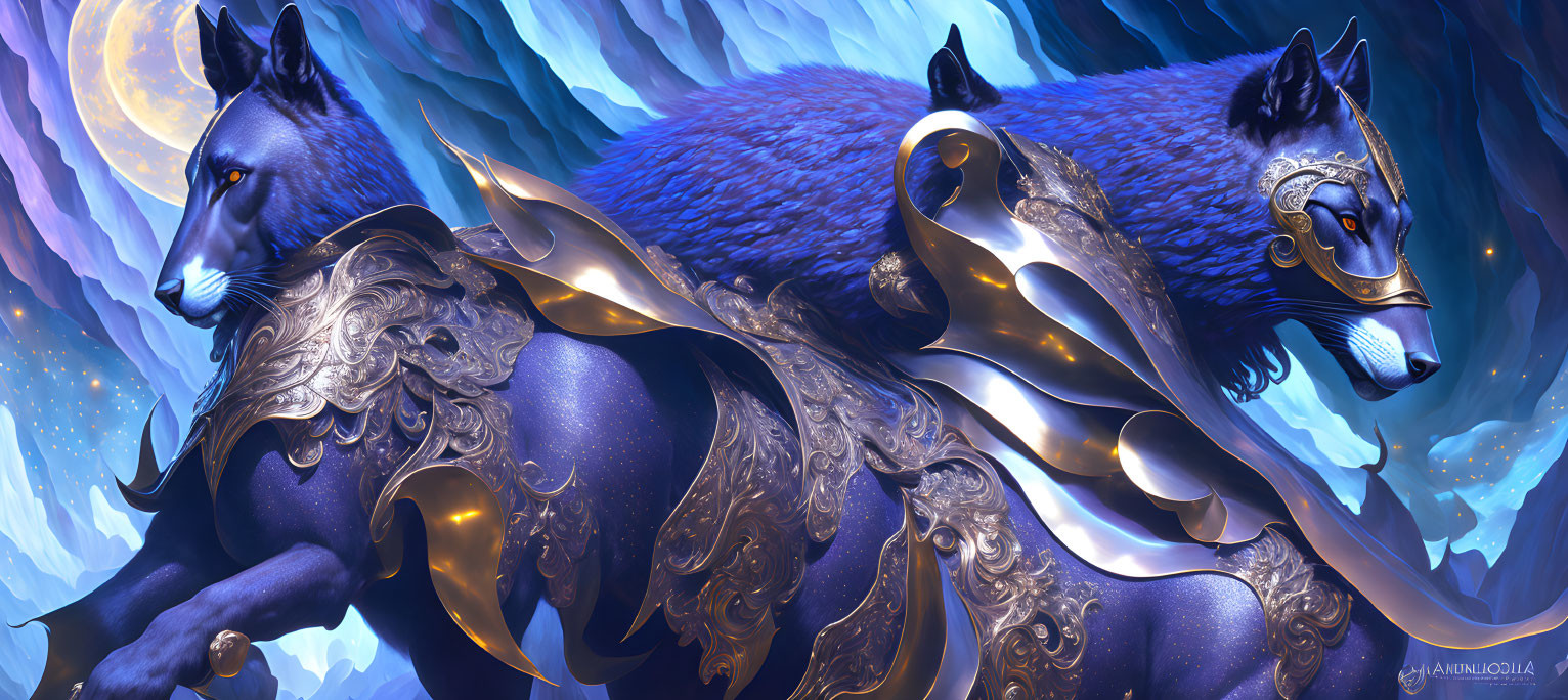 Mythical creature with horse body and blue fox head in golden armor under celestial sky