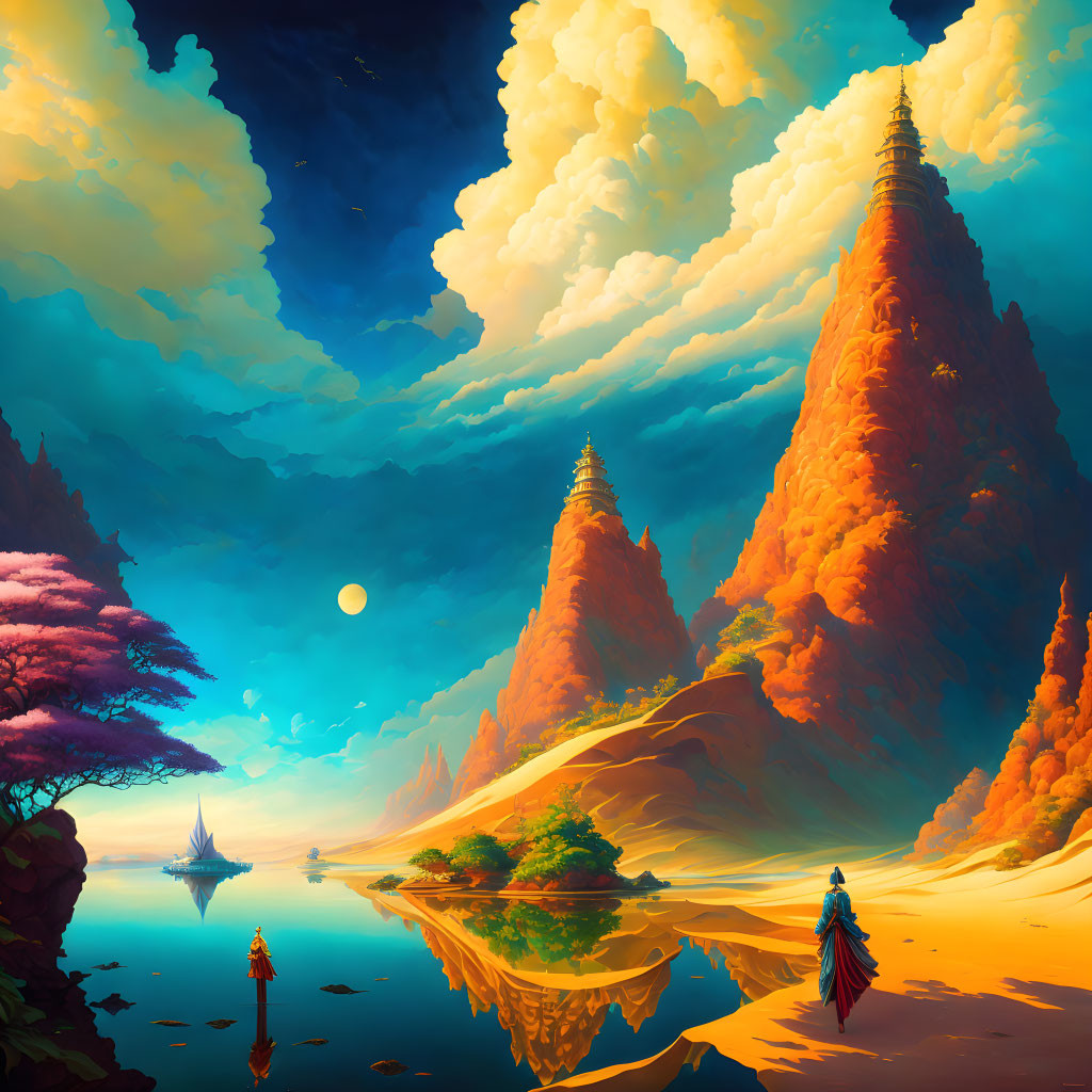 Surreal landscape with orange cliffs, river, sailboats, figures in traditional attire