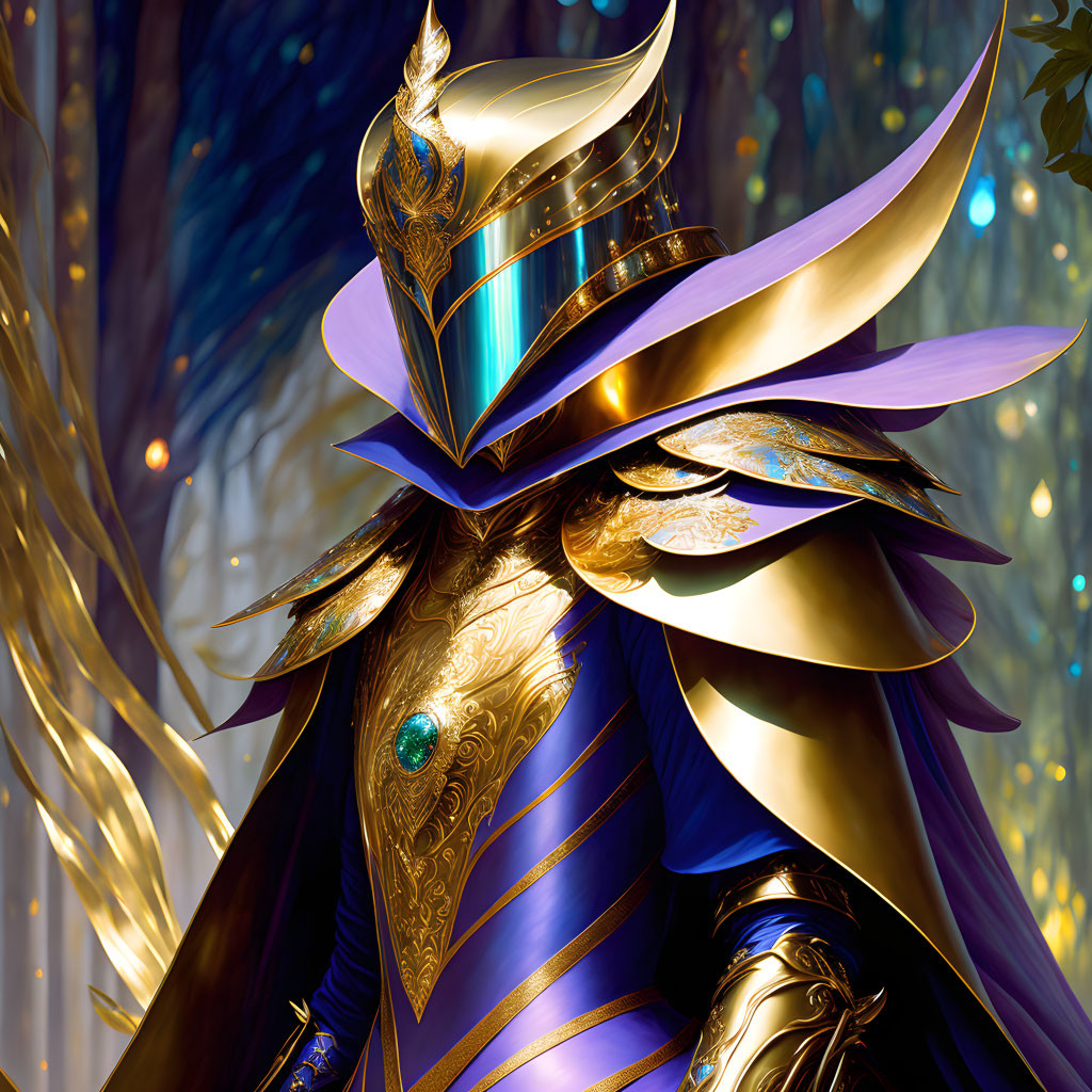 Detailed Illustration: Knight in Golden Armor with Plumed Helmet in Enchanted Forest