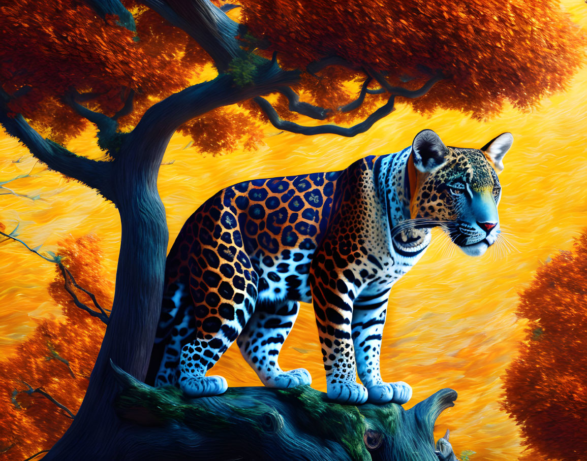 Majestic jaguar on autumn forest branch among orange and yellow foliage