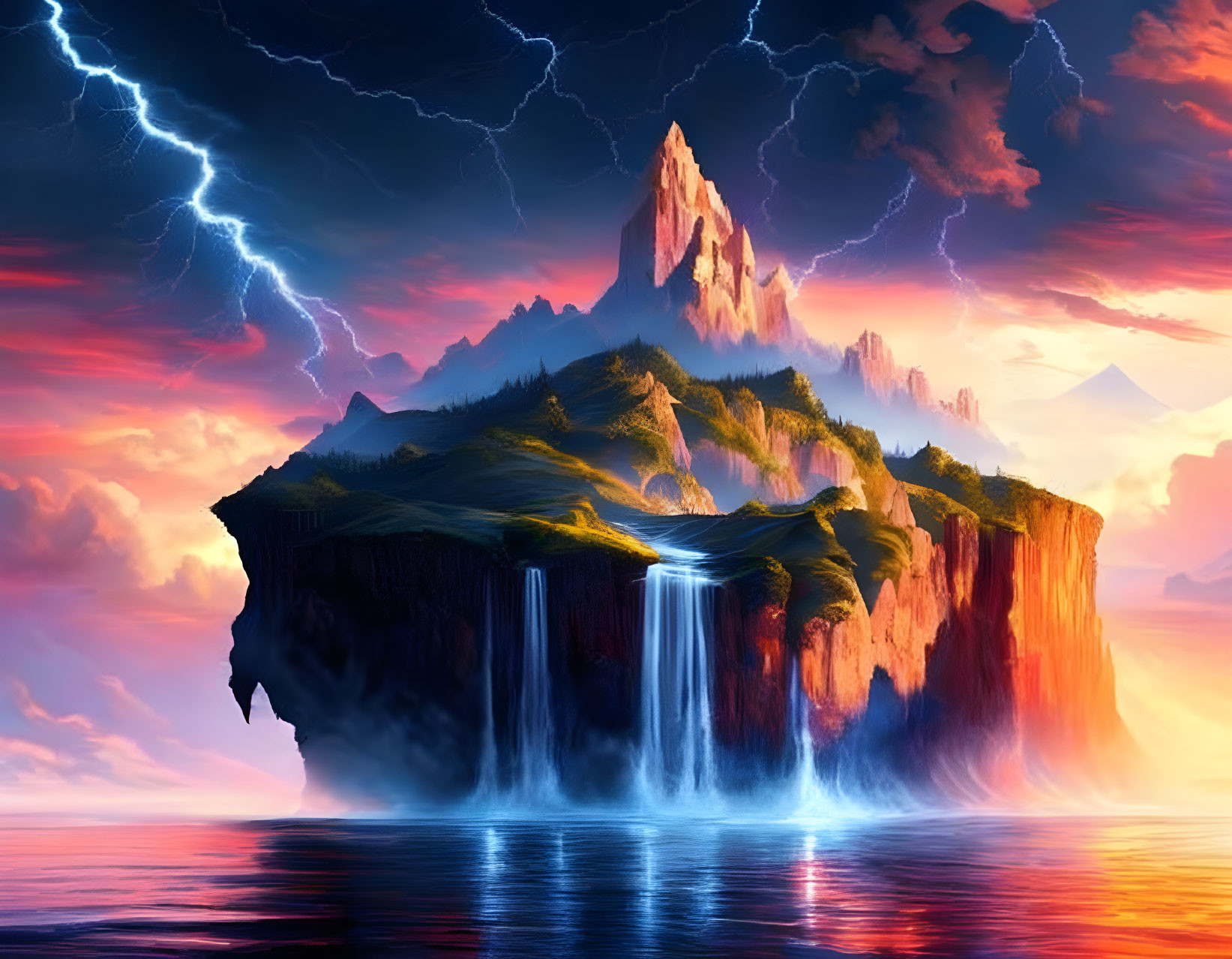 Fantastical landscape with floating island, waterfalls, lush greenery, and mountain peak under lightning