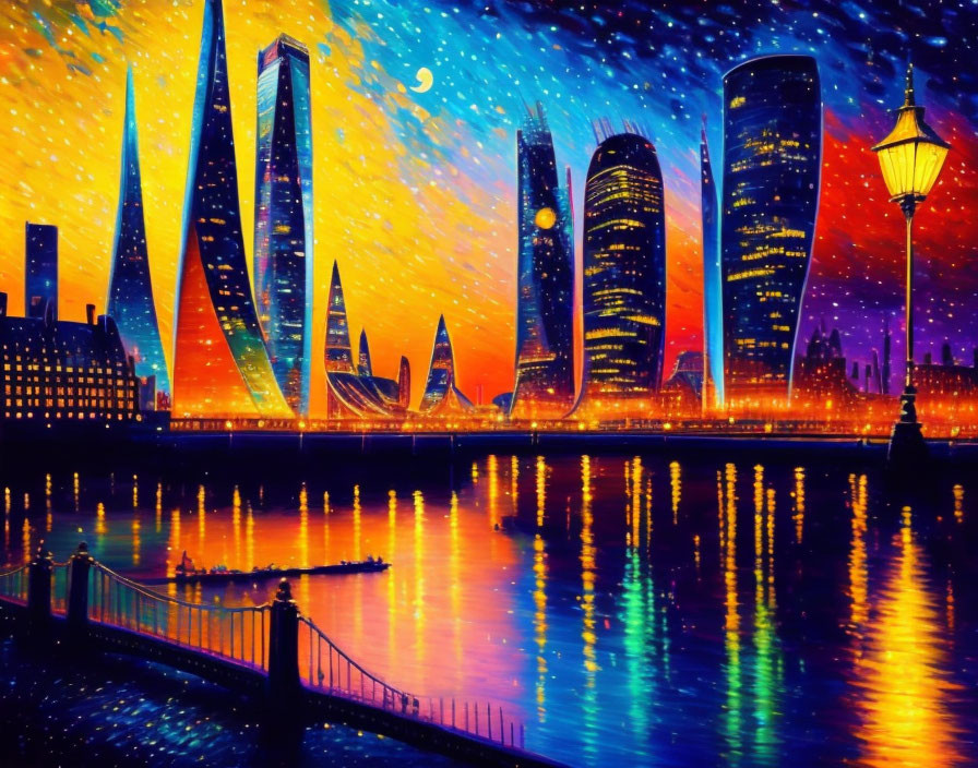 Colorful futuristic cityscape painting with skyscrapers under starry night sky and reflection in water.