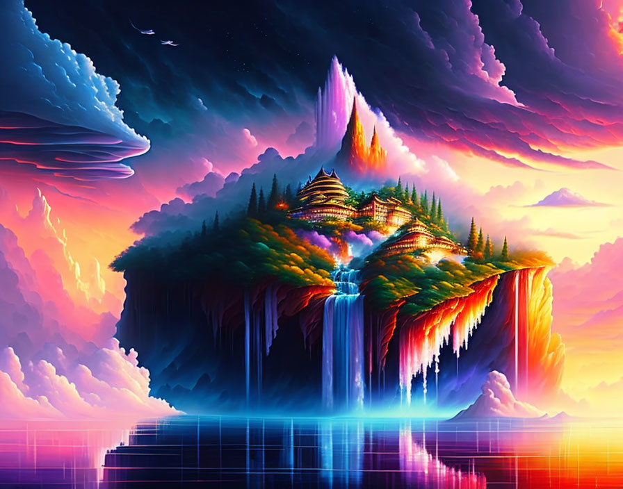 Fantasy landscape with floating island, mountain, waterfalls, and colorful sky