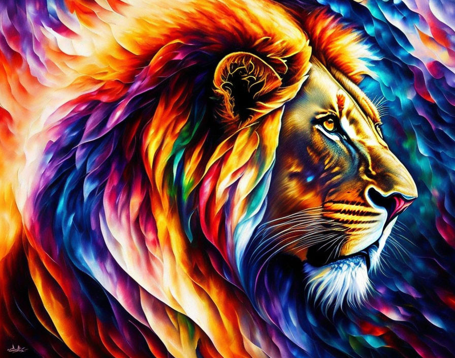 Colorful Lion Painting with Fiery Mane in Red, Blue, Yellow, and Purple