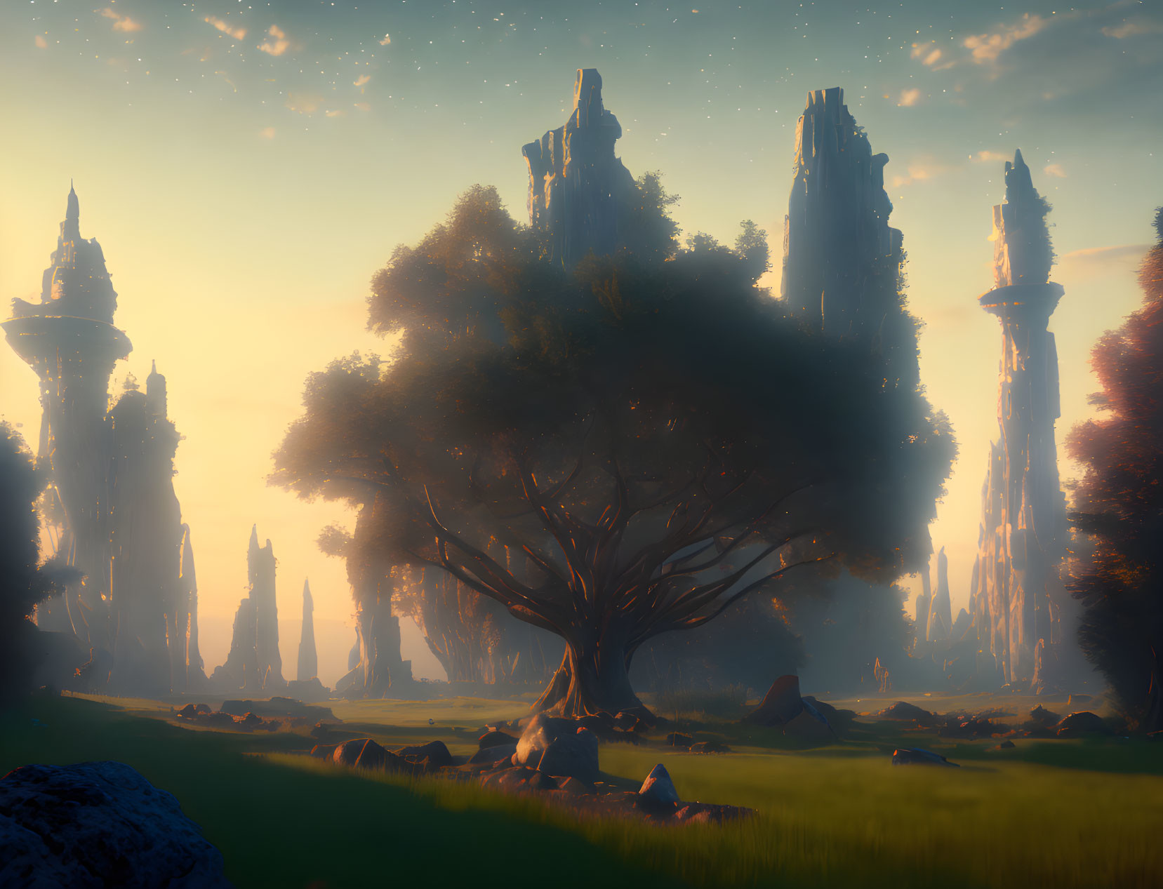 Fantasy landscape at dusk: towering spires, large tree, starry sky