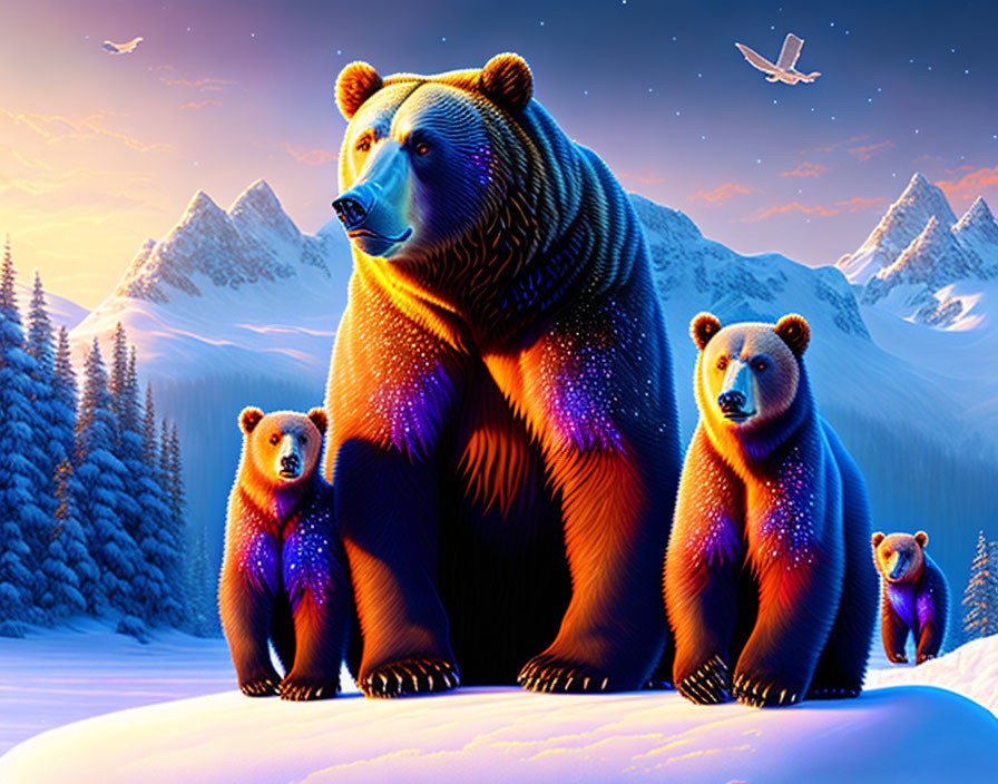 Cosmic-patterned family of bears in mountain scenery