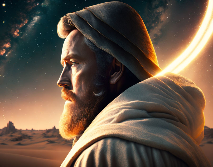 Digital Artwork: Bearded Man in Desert with Eclipse