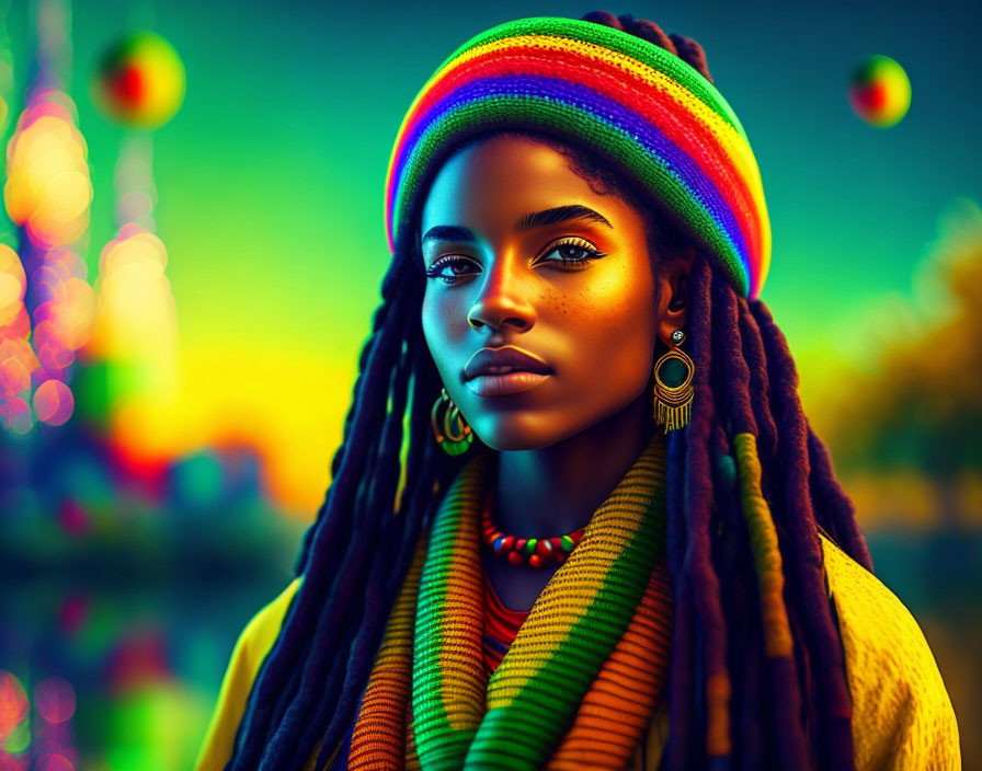 Woman with dreadlocks in colorful rasta hat and makeup in bokeh-lit night scene