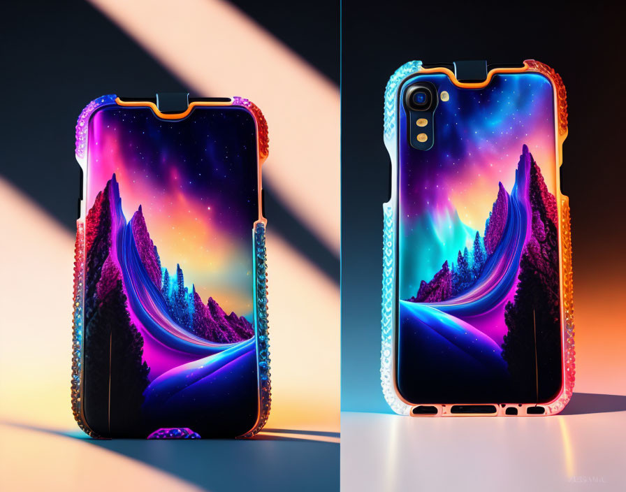 Cosmic mountain design phone cases in vivid purples and blues