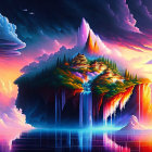 Fantastical landscape with floating island, waterfalls, lush greenery, and mountain peak under lightning