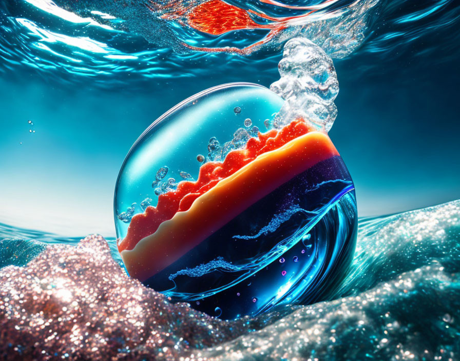 Colorful crystal ball underwater with vibrant landscape and bubbles reflecting blue hues